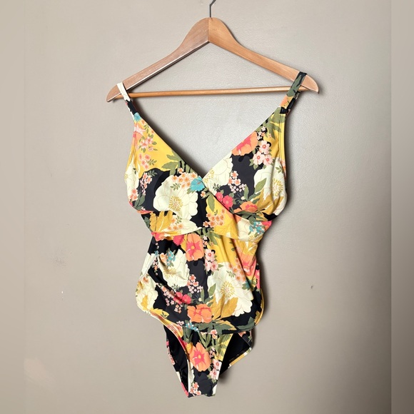 TRIBAL SPORT floral one-piece swimsuit v-neck tummy control beach vacation sz L - Picture 5 of 14